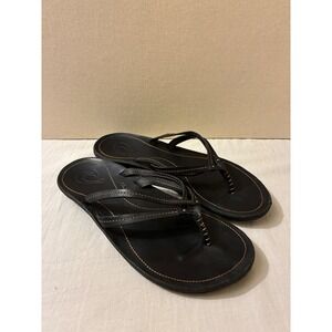 OluKai Ho'opio Leather Flip Flop Sandals Womens Size 8 Black Comfort Thong Beach